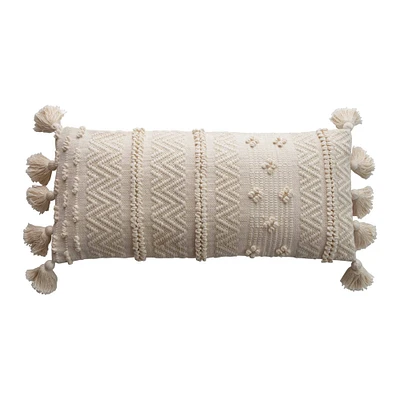 Embroidered Cream Lumbar Pillow with Pom Poms