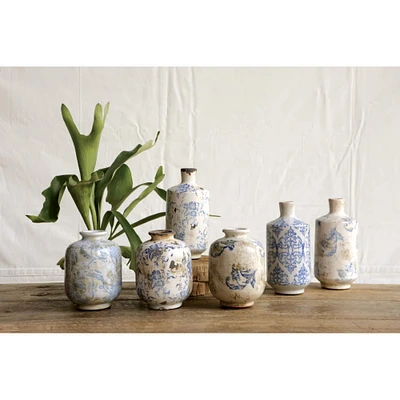 Blue & White Heavy Distressing Decorative Terracotta Vases Set