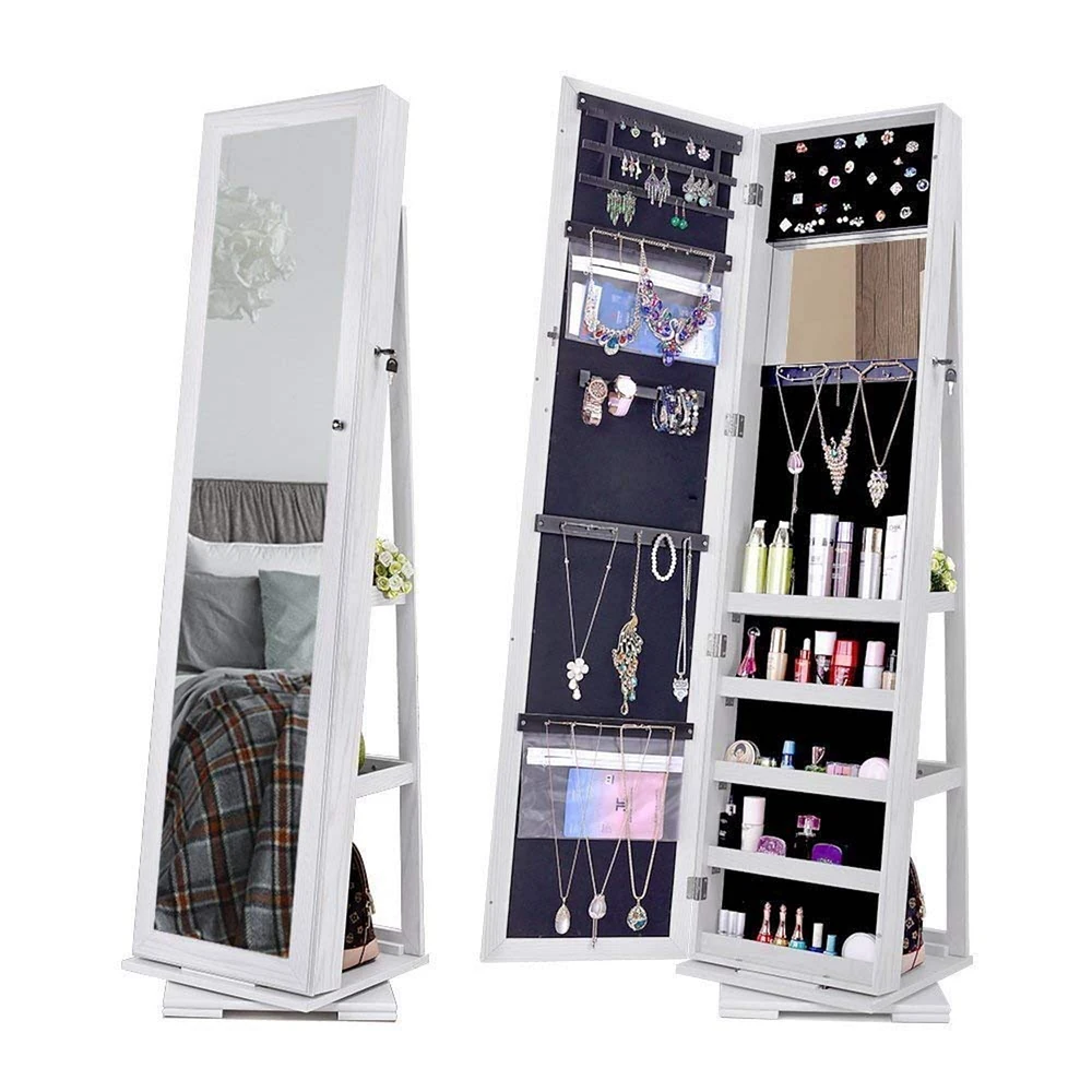 Pearl White Rotatable 2-in-1 Lockable Jewelry Cabinet