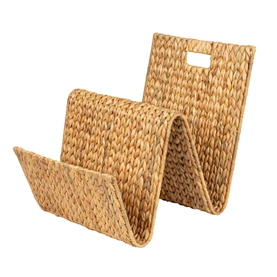 Hand-Woven Water Hyacinth & Metal Magazine Storage Holder with Handle