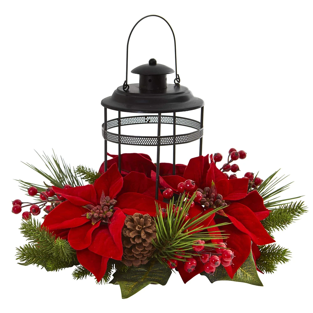 13" Poinsettia, Berry & Pine Artificial Arrangement Candelabrum