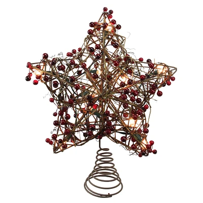 13.5" Brown Rattan With Red Berries Star Christmas Tree Topper, Clear Lights