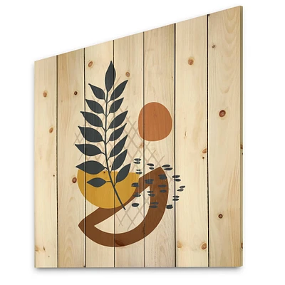 Designart - Elementary Shapes With Abstract Leaves - Modern Print on Natural Pine Wood