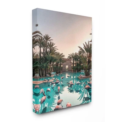 Stupell Industries Tropical Pink Flamingo Pool Relaxed Reflection Palm Trees Canvas Wall Art