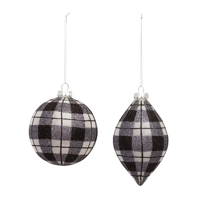 Black & White Plaid Glass Ornament Set