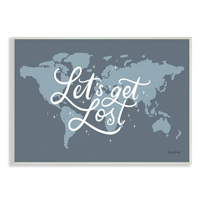 Stupell Industries Let's Get Lost Adventure Phrase Blue World Map Wall Plaque