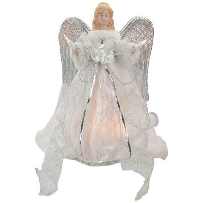 12" Lighted Silver & White Angel with Wings Christmas Tree Topper, Clear Lights