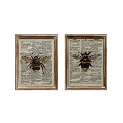 Wood Framed Glass Bee Book Print Wall Décor Set