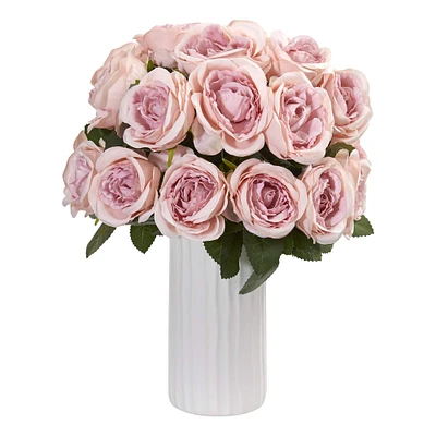 14'' Pink Rose Arrangement in White Vase