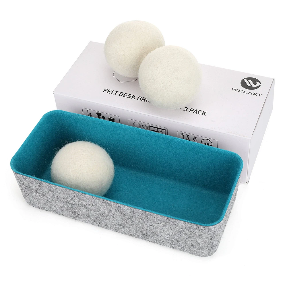 Welaxy Felt 3 Wool Dryer Balls with Turquoise Storage Tray