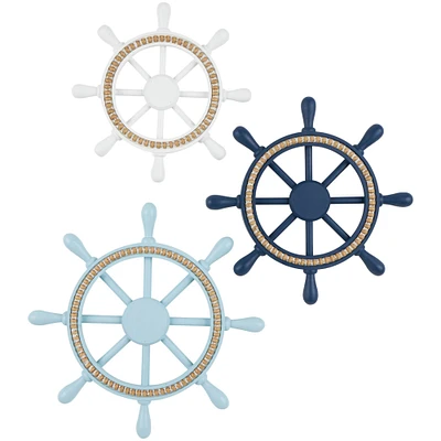 Multicolored Nautical Wooden Ship Wheels with Beaded Accents Wall Décor Set