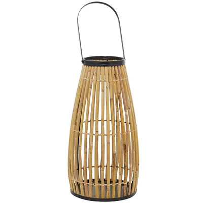 The Novogratz 20" Brown Wicker Handmade Slatted Frame Candle Lantern with Handle