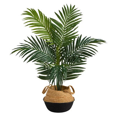 4ft. Kentia Palm Artificial Tree in Boho Chic Handmade Cotton & Jute Black Woven Planter