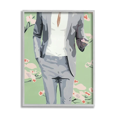 Stupell Industries Men's Fashion Business Suit over Pink Flowers in Gray Frame Wall Art