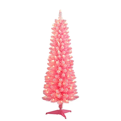 6 Pack: 4.5ft. Pre-Lit Flocked Fashion Pencil Artificial Christmas Tree