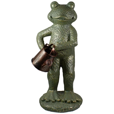 17" Gold Verdigris Frog with Watering Can Outdoor Garden Statue