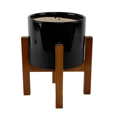 Flora Bunda 8" Black Large 2 Tone Pot On Wood Stand