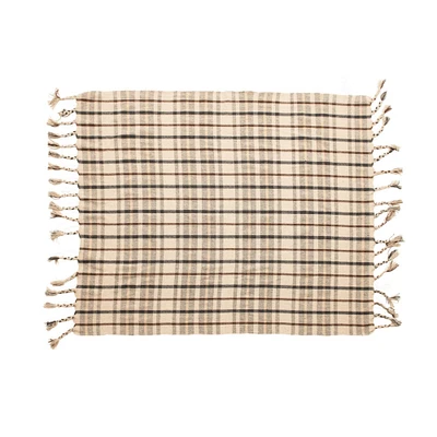 Bloomingville Charcoal & Brown Woven Recycled Cotton Blend Plaid Throw with Tassels