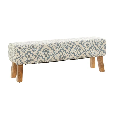 50" Cream Fabric Arabesque Scroll Bench with Wood Legs