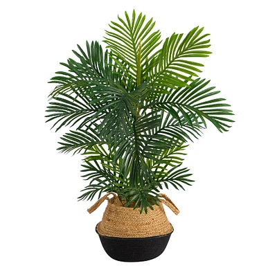 40" Areca Artificial Palm Tree in Boho Chic Handmade Cotton & Jute Black Woven Planter UV Resistant (Indoor/Outdoor)