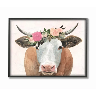 Stupell Industries Springtime Flower Crown Cow Black Framed Wall Art