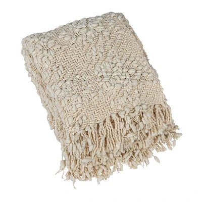 Natural Cable Knit Throw Blanket with Fringe