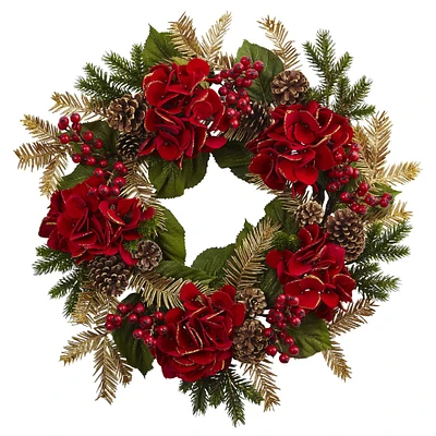 24" Red Hydrangea Pine Wreath