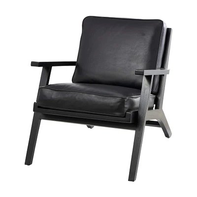 Black Leather Mid-Century Accent Chair with Teak Wood Frame