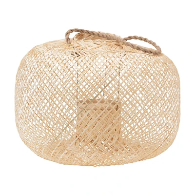 11" Natural Hand-Woven Bamboo Lantern with Jute Handle & Glass Insert