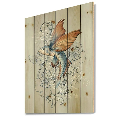 Designart - Flying Fish On Peonies - Traditional Print on Natural Pine Wood
