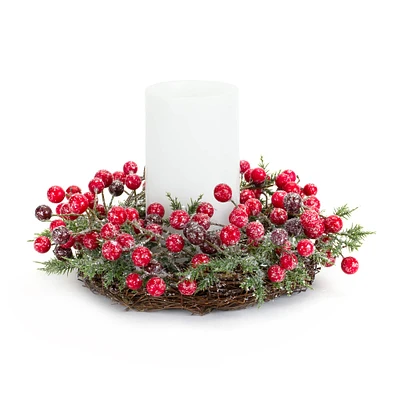 10.5" Frosted Red Berry & Pine Wreath & Candle Ring Set