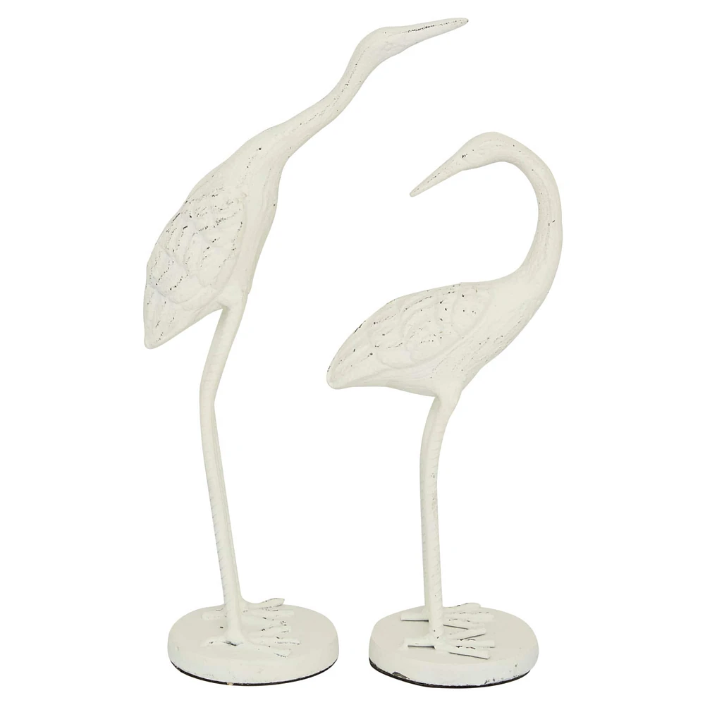 Set of 2 White Metal Coastal Bird Sculpture, 10", 12"