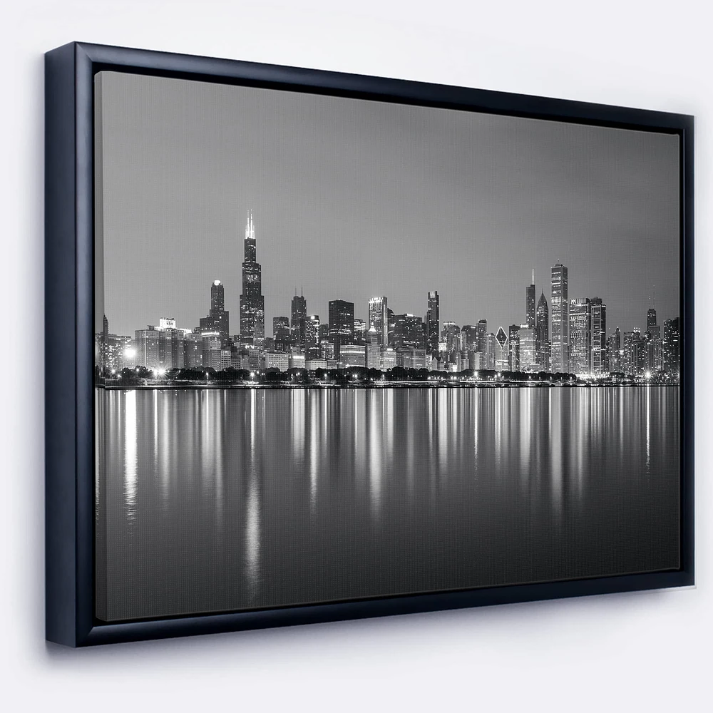 Designart - Chicago Skyline at Night Black and White - Cityscape Framed Canvas Print