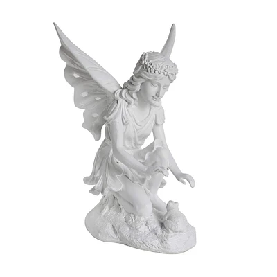 14.5" Fanciful White Kneeling Fairy & Frog Outdoor Statue