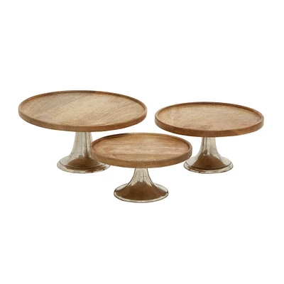 Brown Mango Wood & Metal Cake Stand Set