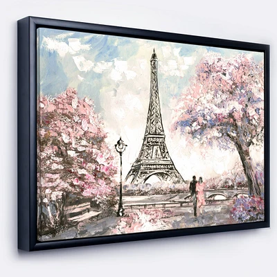Designart - Eiffel with Pink Flowers - Landscape Framed Canvas Art Print