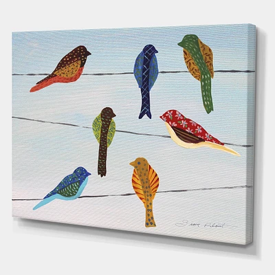 Designart - Lovely Colorful Birds On Wires 1 - Cottage Premium Canvas Wall Art