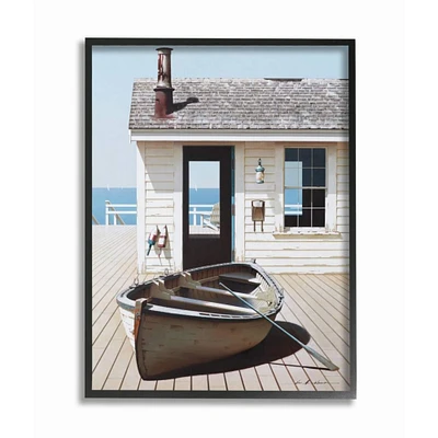 Stupell Industries Boat On Boardwalk Tranquil Coastal Boathouse Black Framed Wall Art