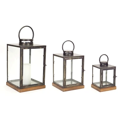 Natural and Pewter Wood, Metal & Glass Lantern Set, 12'', 16.5'' & 21.5''