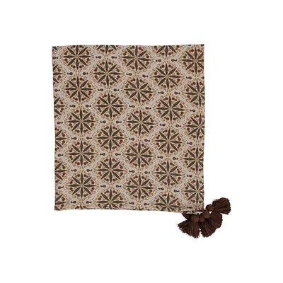 Recycled Cotton Blend Throw with Floral Medallion Print and Tassels