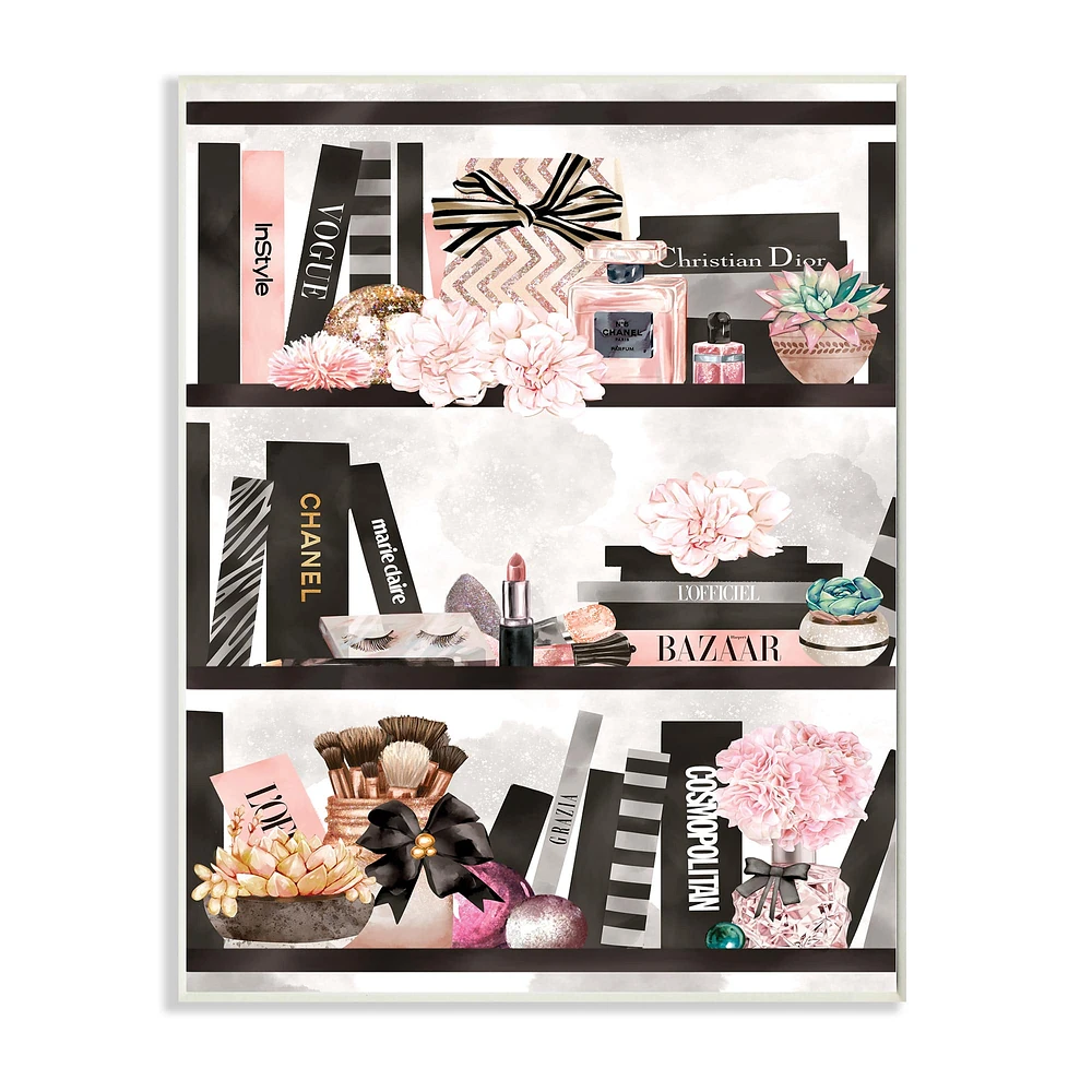 Stupell Industries Fashion Bookshelf Glam Cosmetic Accessories and Books Wall Plaque