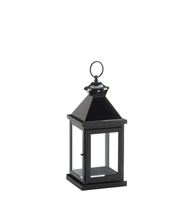 14" Glossy Black Iron & Glass Lantern