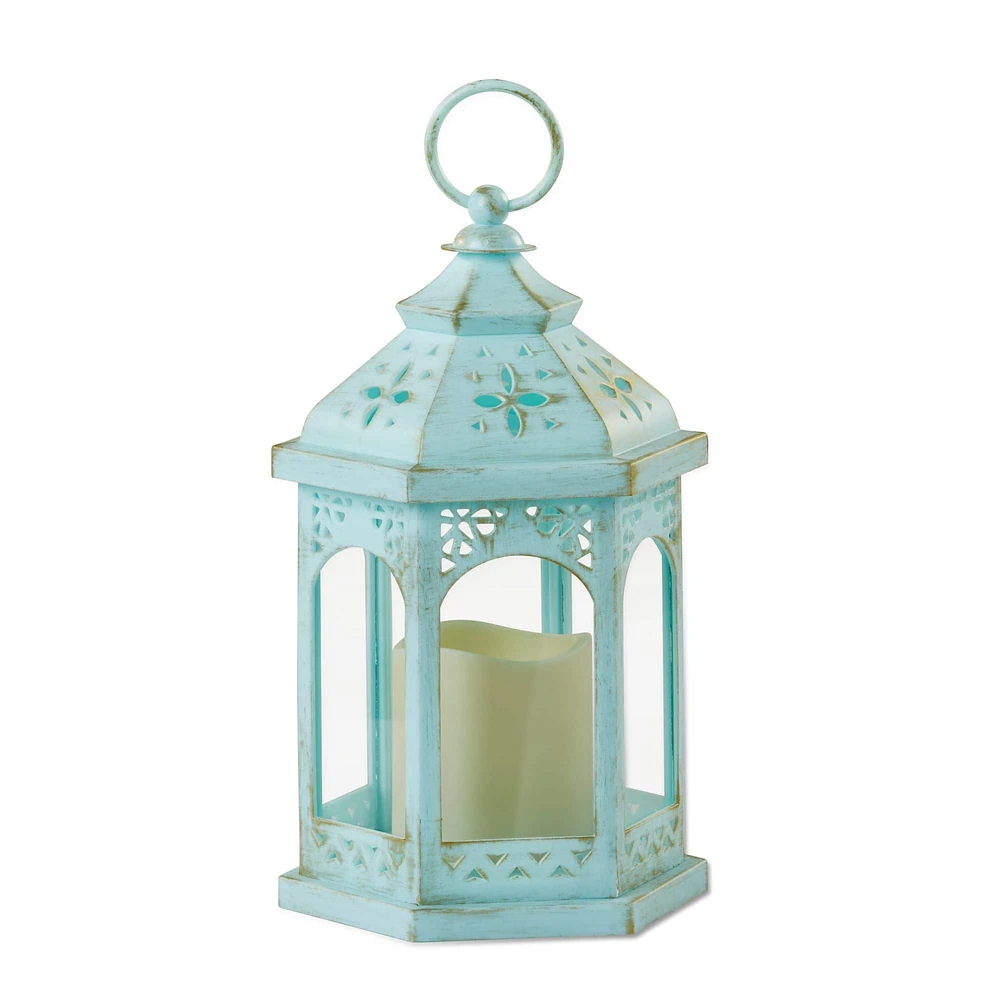 LED Blue Hexagon Distressed Lantern Set