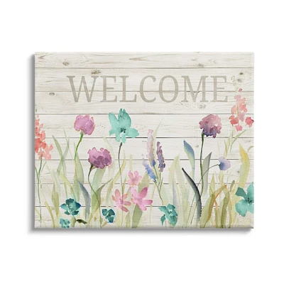 Stupell Industries Welcome Sign Spring Wildflower Meadow Rustic Pattern Canvas Wall Art