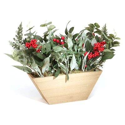 22" Christmas Wooden Pot with Mixed Eucalyptus & Berry