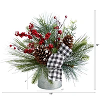 12" Frosted Pinecones & Berries Artificial Arrangement in Vase with Decorative Plaid Bow