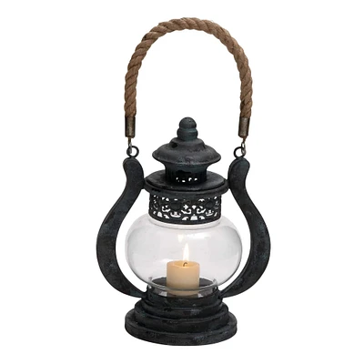 Black Iron Rustic Candle Holder Lantern, 9" x 8" x 5"