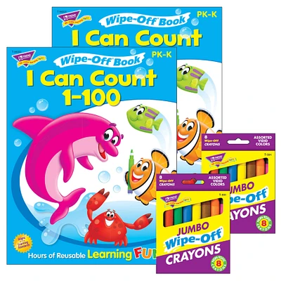 12 Packs: 2 ct. (24 total) Trend Enterprises® I Can Count 1 to 100 Book & Crayons Reusable Wipe-Off® Activity Set