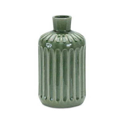 9" Green Ribbed Terracotta Vase