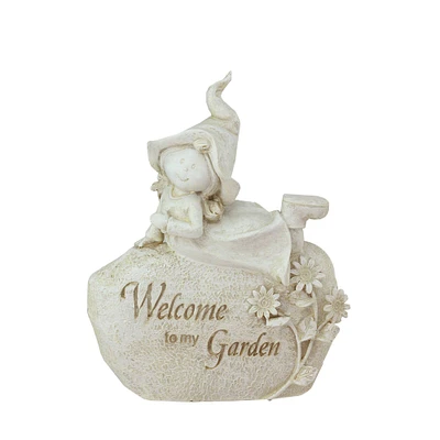 8.75" Ivory Welcome To My Garden Girl on Rock Outdoor Patio Garden Statue